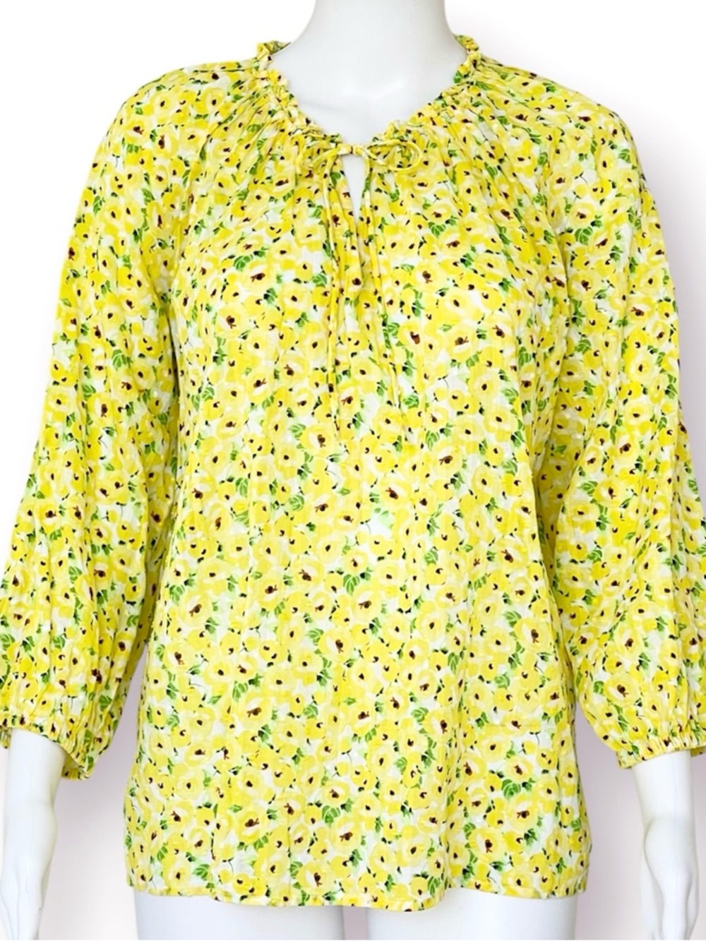 Ann Taylor LOFT Floral Clip Tie Neck 100% Cotton Blouse Ruffle Neckline - Picture 5 of 10